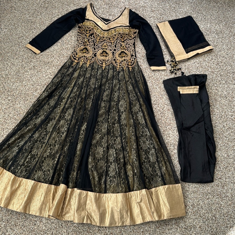 Embroidered party wear Indian long gown anarkali kurta 3 piece set